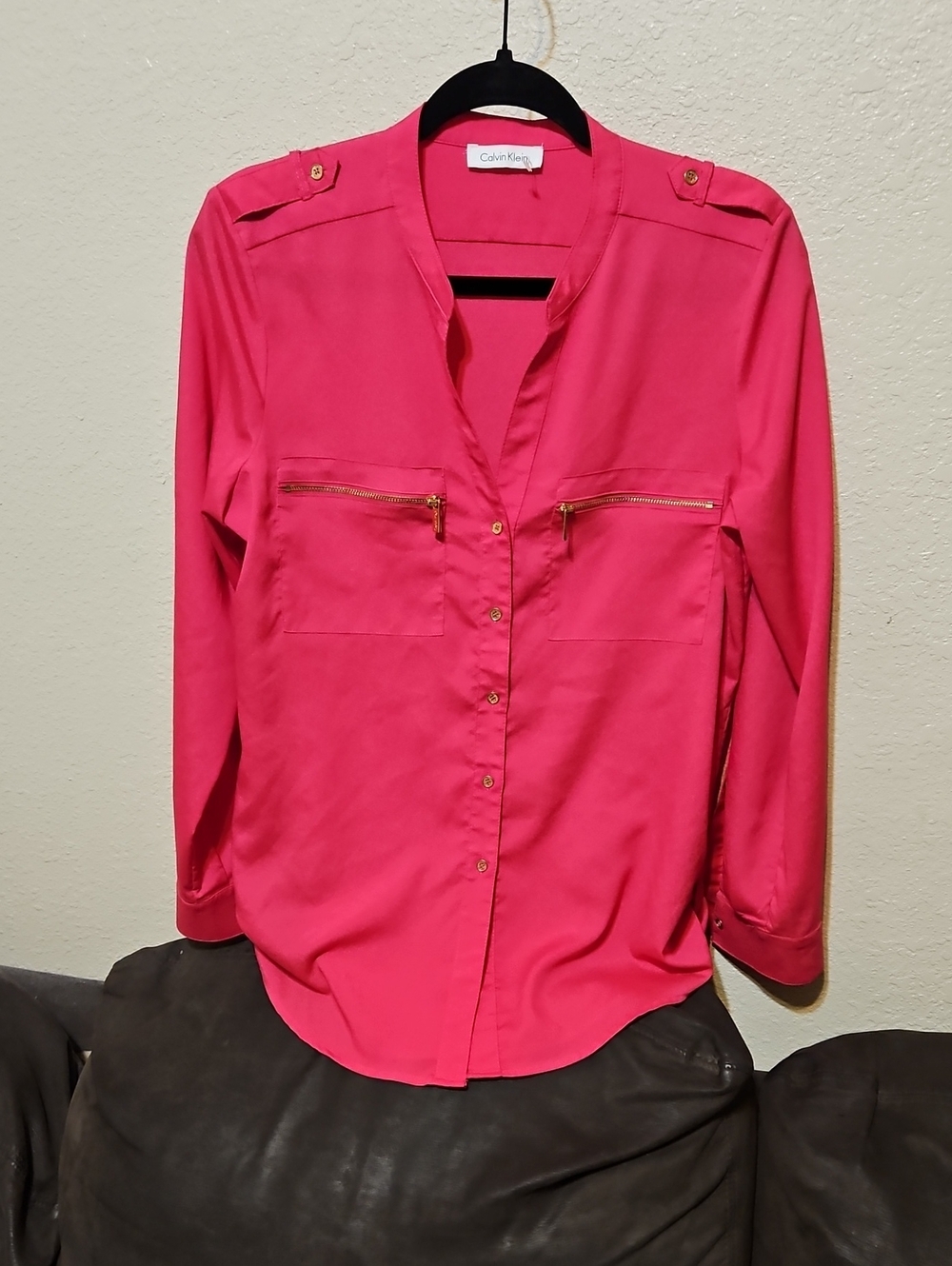 Calvin Klein Hot Pink Long-Sleeve Button-Front Shirt with Gold Zippers